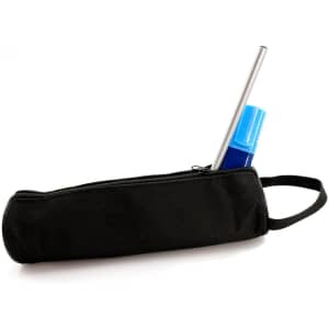 A black pencil case with a zipper, containing a blue pen and a silver straw. It features a carry handle and has a logo.