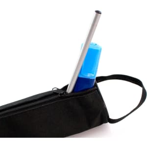 A black pencil case with a zipper containing a blue highlighter and a silver pen. The case has a carry handle and a logo.
