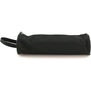 A black pencil case with a zip closure and a handle for easy carrying. It features a logo.