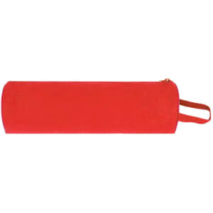 A bright red pencil case with a zipper and a side handle, featuring a small logo.