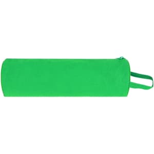A green pencil case with a cylindrical shape and a zipper closure, featuring a handle for easy carrying.