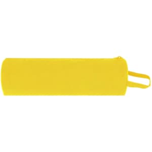 A yellow pencil case with a zip closure and a handle, featuring a logo.