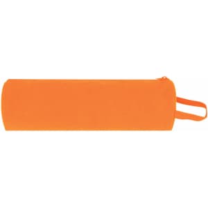 An orange cylindrical pencil case with a zip closure and a carrying handle. It features a logo.