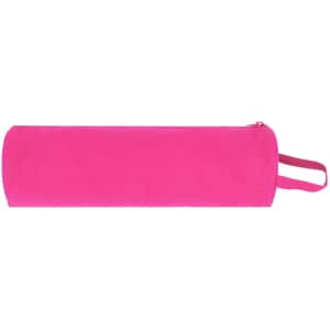 A bright pink pencil case with a zip closure and a convenient carrying handle. Includes a branding logo.
