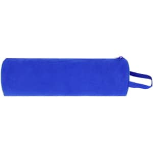 A cylindrical blue pencil case with a zipper and a handle. It features branding on the surface.