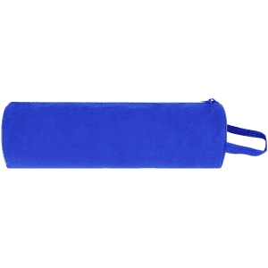 A blue pencil case with a cylindrical shape and a zip closure, featuring a carrying handle.