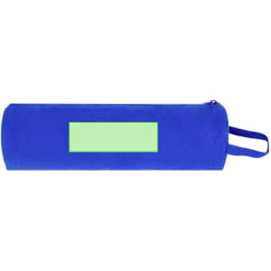 A blue pencil case with a zipper and a handle, featuring a blank area for customisation.