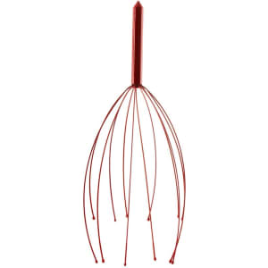 A red massager with multiple flexible prongs and a pointed handle, designed for personal health and comfort.