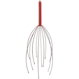 A red hand-held massager with a long handle and multiple flexible prongs. It has a simple design and is lightweight.