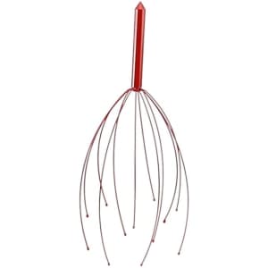 A red massager with a handle and multiple thin, flexible rods extending outward. It features a simplistic design.
