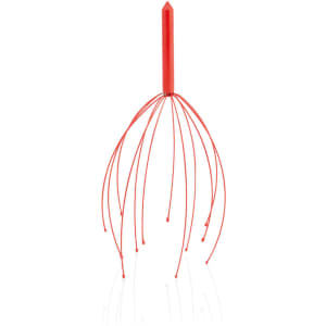 A red massager with multiple flexible prongs and a central handle, designed for health and personal wellness.