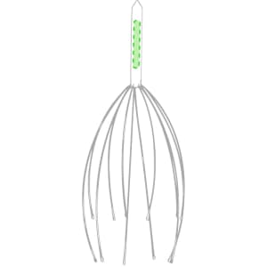 A silver garden tool with long, curved prongs and a green handle. It has a logo on the handle.