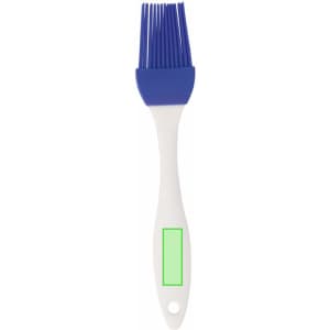 A silicone brush with a blue head and a white handle, featuring a logo on the handle.