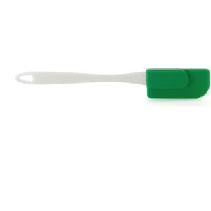 A green silicone spatula with a white handle, featuring a logo on the handle.