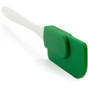 A green spatula with a white handle, featuring a flat and flexible silicone head, showcasing a simple design.