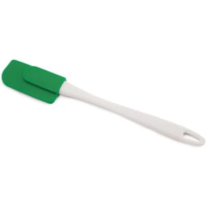 A green and white spatula with a silicone head and a long handle. It features a logo on the handle.