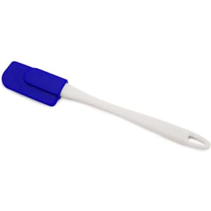 A blue spatula with a white handle, featuring a silicone head and a rounded shape. It has a branding logo present.