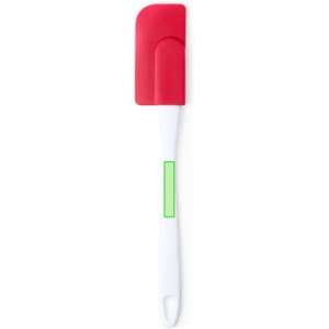 A red silicone spatula with a white handle, featuring a logo on the handle.