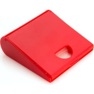 A red cleaning set storage case with a handle. It has a smooth surface and an angled design.
