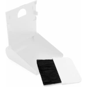 A white dustpan with a black brush resting beside it, featuring a simple design. The set has a compact storage option.