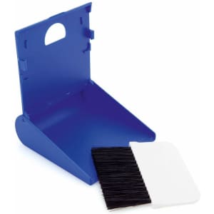 A blue dustpan with an attached black brush, featuring a compact design for easy storage.