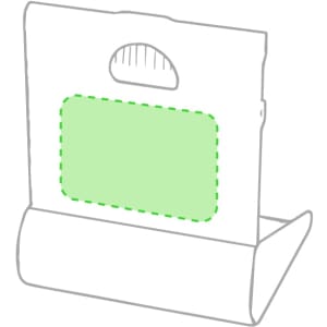 A green promotional sign holder with a flap for easy access and branding space. It has a logo displayed.