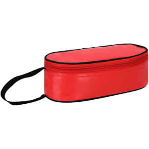 A red thermal sandwich holder with a zip closure and a black handle. It has a simple, sleek design.