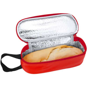A red thermal sandwich holder with a silver insulated interior, containing a loaf of bread. It has a black handle.