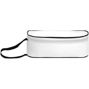 A white thermal sandwich holder with a zip closure and a black handle, designed for carrying lunch.