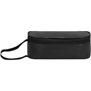 A black thermal sandwich holder with a zip closure and a handle, featuring a clear top section.