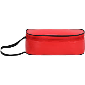A red thermal sandwich holder with a black zipper and handle, designed for carrying lunches.