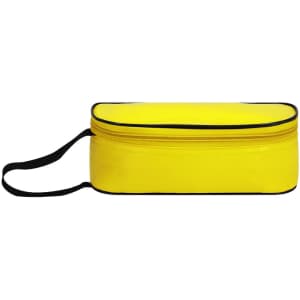 A yellow thermal sandwich holder with a black zip and handle, designed for carrying lunch items.