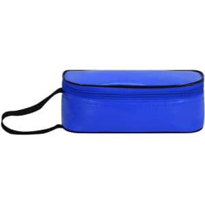 A blue thermal sandwich holder features a zippered closure and a carry handle. It includes a logo on the surface.