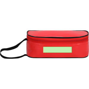 A red thermal sandwich holder with a zip closure and a black handle, featuring a blank rectangular area.