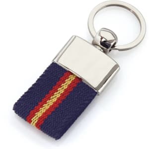 A keyring with a navy blue fabric strap featuring red and gold stripes, and a shiny metal attachment.