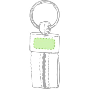 A keyring with a silver metal clip and a rectangular area for customisation. It features a simple design.