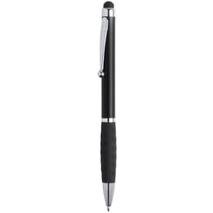 A black stylus touch ball pen with a rubber grip and chrome accents, featuring a logo on the body.