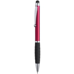 A red and black stylus touch ball pen with a shiny finish and a textured grip, featuring a clip and logo.