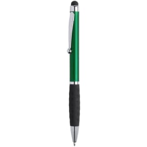 A green ballpoint pen with a stylus top and a textured black grip, featuring a silver clip and accents.