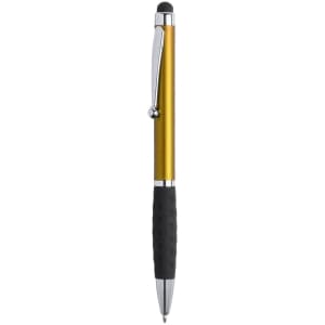 A gold stylus touch ball pen with a black rubber grip and chrome accents. It includes a logo branding.