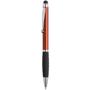 An orange and silver stylus touch ball pen with a black rubber grip and a clip. It features a logo.