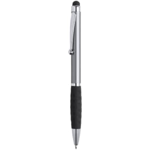 A sleek silver and black stylus touch ball pen with a rubber grip and a pocket clip. Features a branding logo.