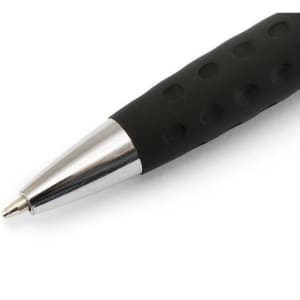 A black stylus touch ball pen featuring a ribbed grip and a shiny silver tip. The pen includes branding.