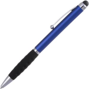 A blue stylus touch ball pen with a black rubber grip and a silver clip. It features a logo on the barrel.