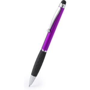 A purple stylus touch ball pen with a black rubber grip and a silver clip. It features a branding logo.