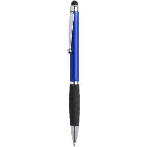 A blue stylus touch ball pen with a black grip and a silver clip, featuring a logo.