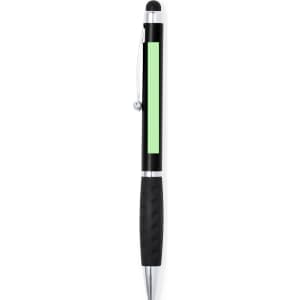 A black and silver stylus touch ball pen featuring a green highlighting area and a textured grip.