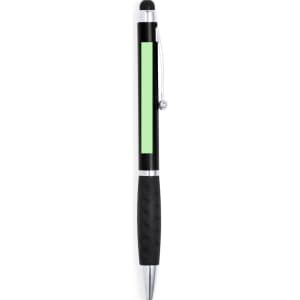 A black and green Sagur Stylus Touch Ball Pen with a rubber grip and a clip, featuring a stylus tip.