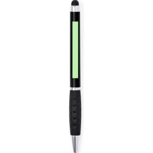 A black and silver stylus touch ball pen with a green accent and a textured grip. It features a logo.