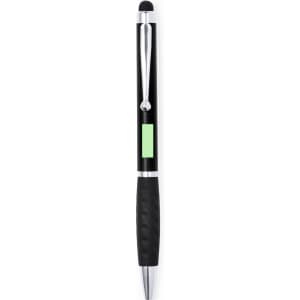 A black ballpoint pen with a stylus tip and rubber grip, featuring a small green section. Includes a branding logo.